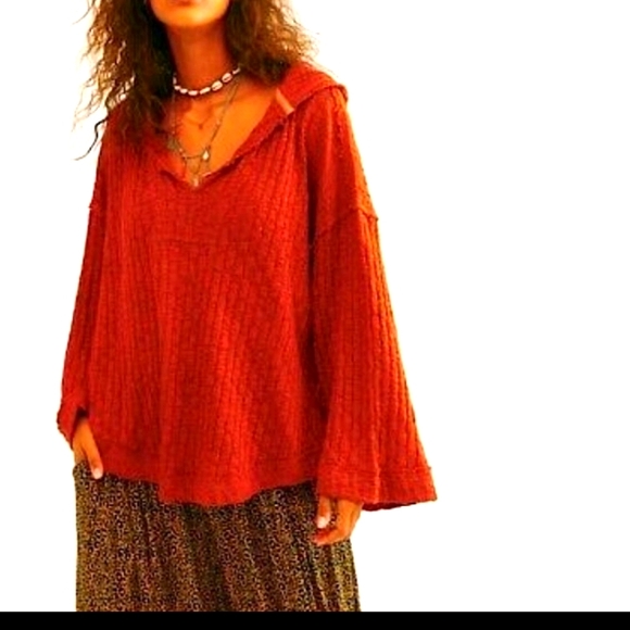 SOLD. Free People Slouchy Baja Babe Hacci Red Hooded Cardigan. As New. No Tag - Picture 6 of 16